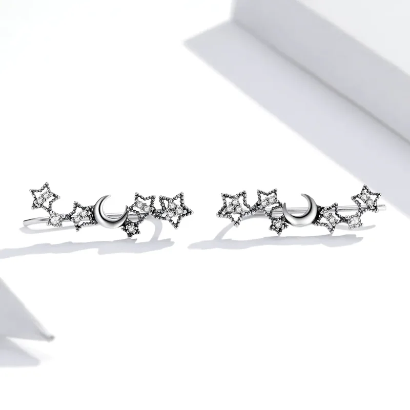 (image for) Pandora Style Silver Stud Earrings, Stars and Moon - SCE926 - View 2