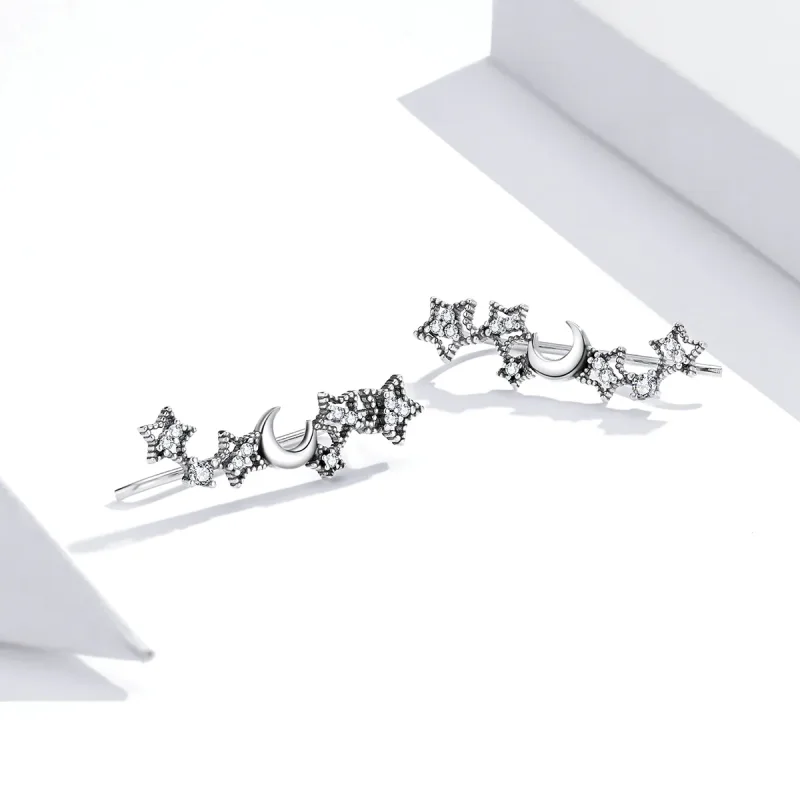 (image for) Pandora Style Silver Stud Earrings, Stars and Moon - SCE926 - View 3