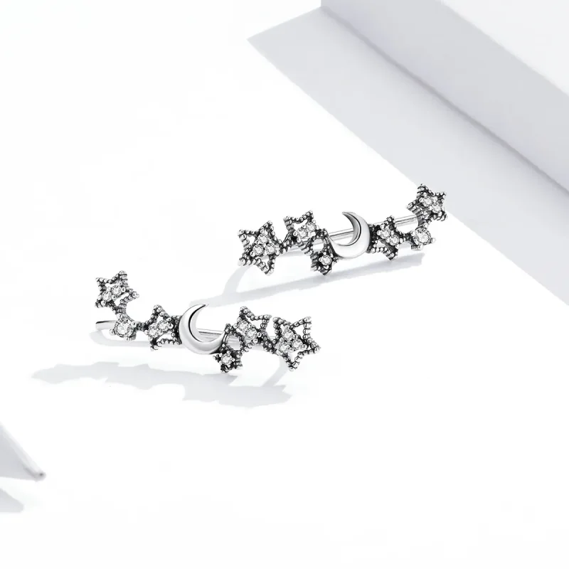 (image for) Pandora Style Silver Stud Earrings, Stars and Moon - SCE926 - View 4