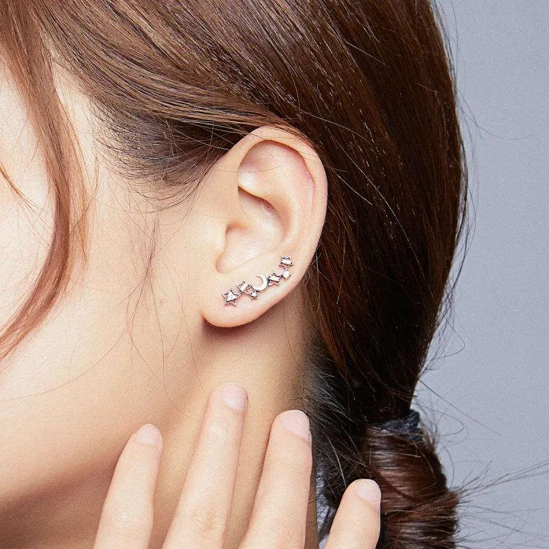 (image for) Pandora Style Silver Stud Earrings, Stars and Moon - SCE926 - View 5