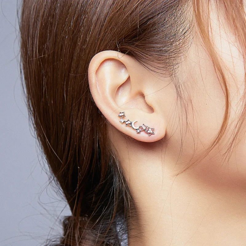 (image for) Pandora Style Silver Stud Earrings, Stars and Moon - SCE926 - View 7