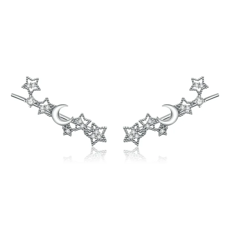 (image for) Pandora Style Silver Stud Earrings, Stars and Moon - SCE926 - Product Image