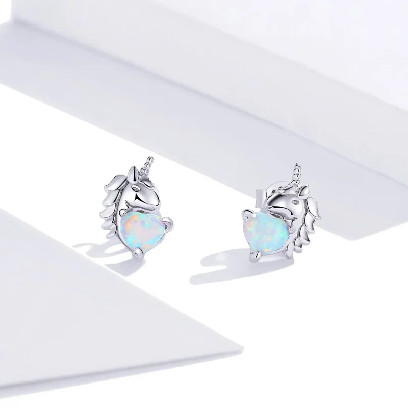 (image for) Pandora Style Silver Stud Earrings, Unicorn - SCE896 - View 2