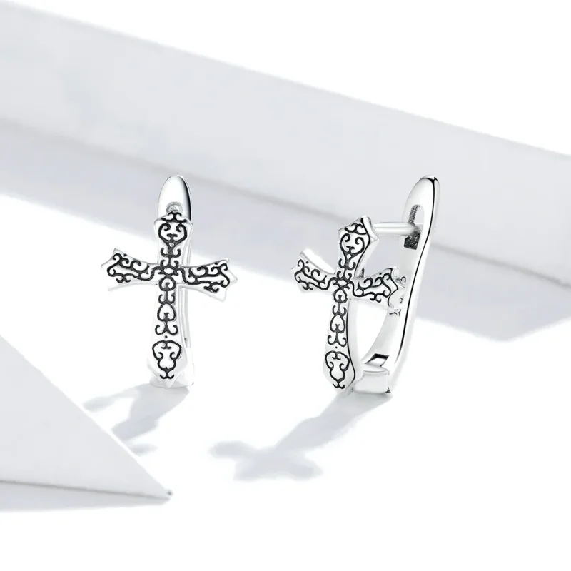 (image for) Pandora Style Silver Stud Earrings, Vine Cross - SCE943 - View 2