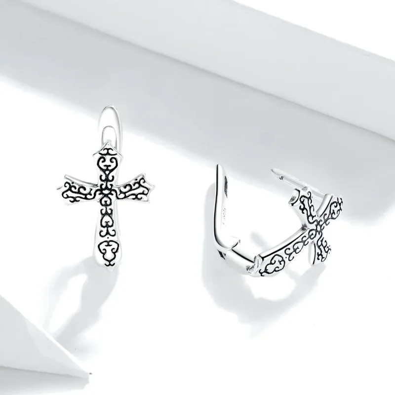 (image for) Pandora Style Silver Stud Earrings, Vine Cross - SCE943 - View 4