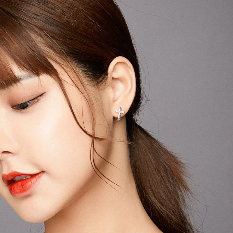 (image for) Pandora Style Silver Stud Earrings, Vine Cross - SCE943 - View 5