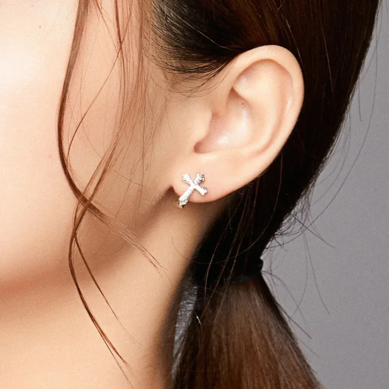 (image for) Pandora Style Silver Stud Earrings, Vine Cross - SCE943 - View 6