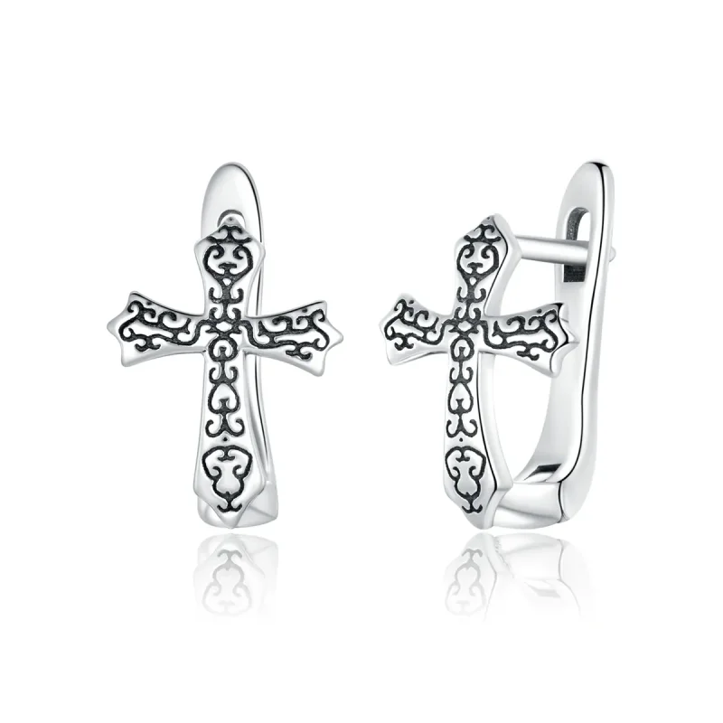 (image for) Pandora Style Silver Stud Earrings, Vine Cross - SCE943 - Product Image