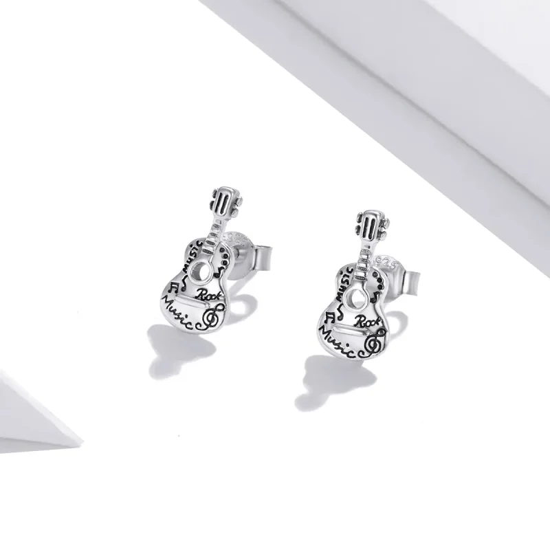 (image for) Pandora Style Silver Stud Earrings, Vintage Guitar - SCE1155 - View 2
