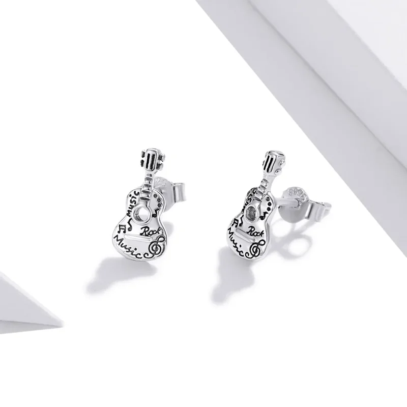 (image for) Pandora Style Silver Stud Earrings, Vintage Guitar - SCE1155 - View 3
