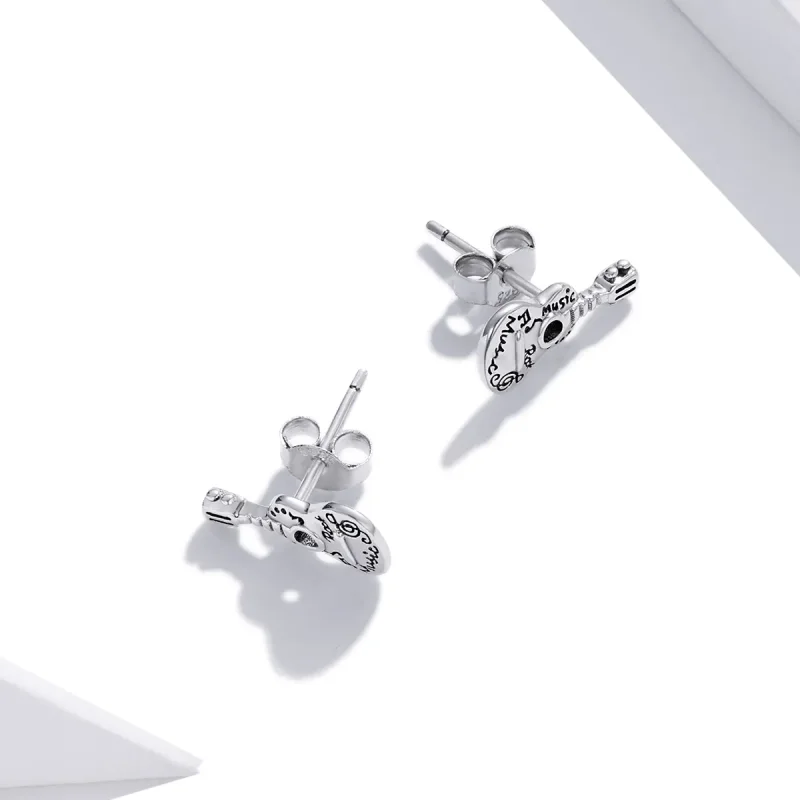 (image for) Pandora Style Silver Stud Earrings, Vintage Guitar - SCE1155 - View 4