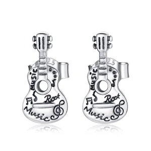 (image for) Pandora Style Silver Stud Earrings, Vintage Guitar - SCE1155