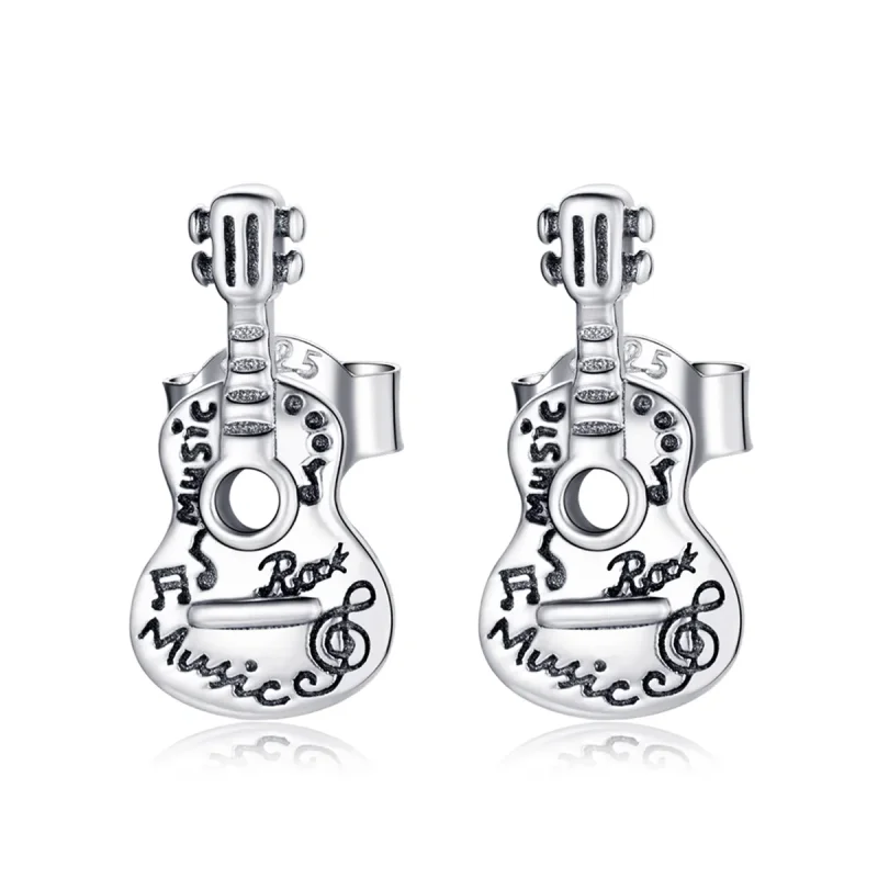 (image for) Pandora Style Silver Stud Earrings, Vintage Guitar - SCE1155 - Product Image
