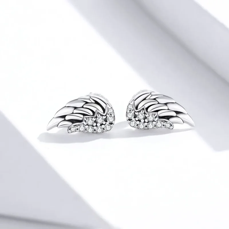 (image for) Pandora Style Silver Stud Earrings, Wings - SCE882 - View 2