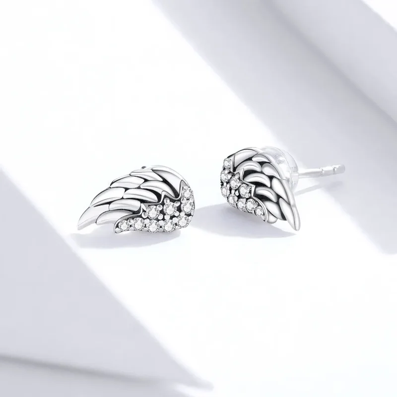 (image for) Pandora Style Silver Stud Earrings, Wings - SCE882 - View 3