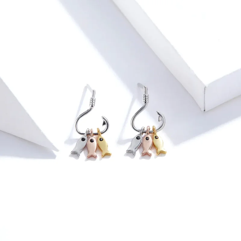 (image for) Pandora Style Tri-tone Dangle Earrings, Three Fishes - SCE789 - View 3