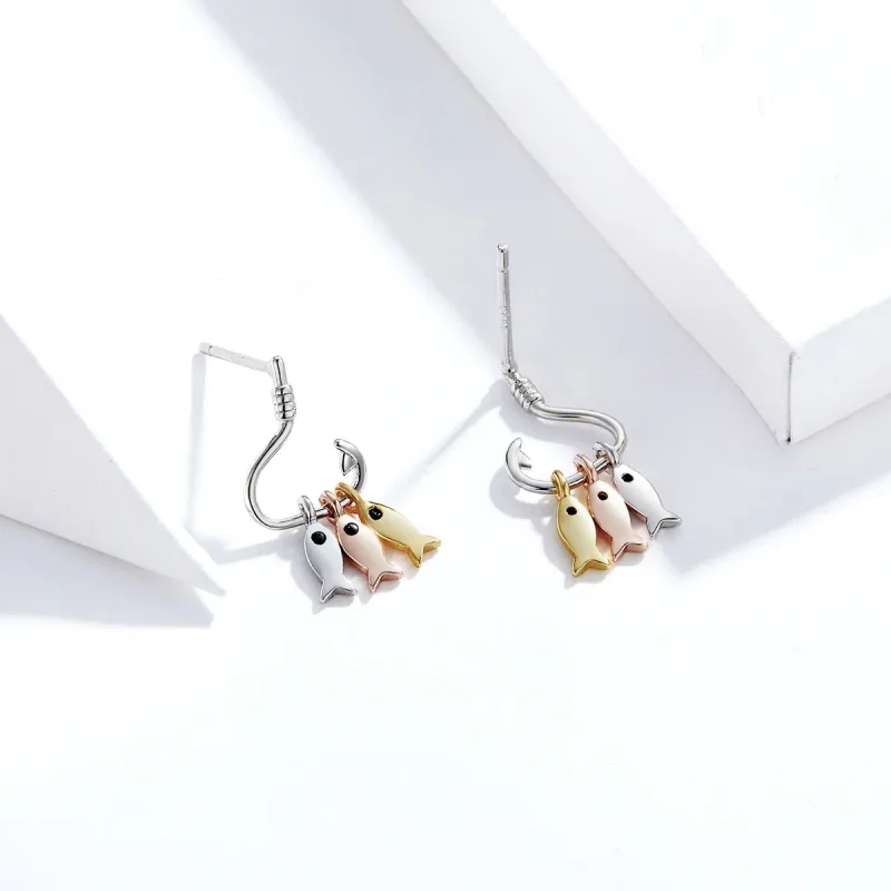 (image for) Pandora Style Tri-tone Dangle Earrings, Three Fishes - SCE789 - View 4