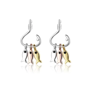 (image for) Pandora Style Tri-tone Dangle Earrings, Three Fishes - SCE789
