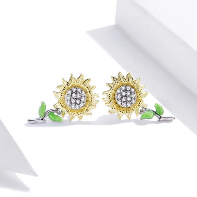 (image for) Pandora Style Two Tone Hoop Earrings, Bicolor Sunflower, Green Enamel - SCE919 - View 2