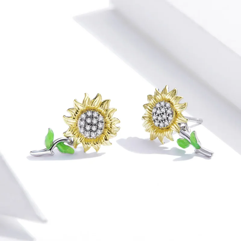 (image for) Pandora Style Two Tone Hoop Earrings, Bicolor Sunflower, Green Enamel - SCE919 - View 3