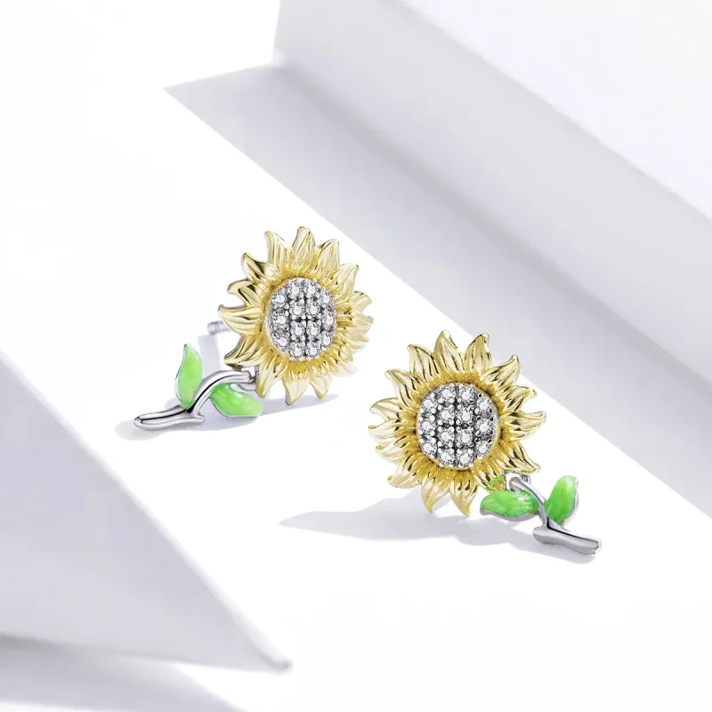 (image for) Pandora Style Two Tone Hoop Earrings, Bicolor Sunflower, Green Enamel - SCE919 - View 4