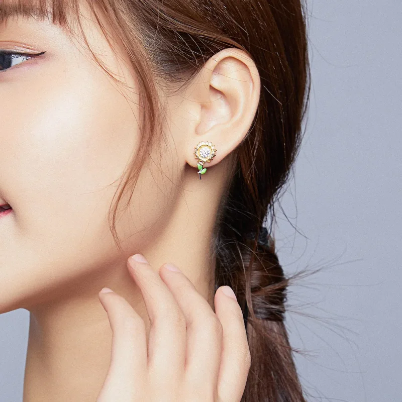 (image for) Pandora Style Two Tone Hoop Earrings, Bicolor Sunflower, Green Enamel - SCE919 - View 5