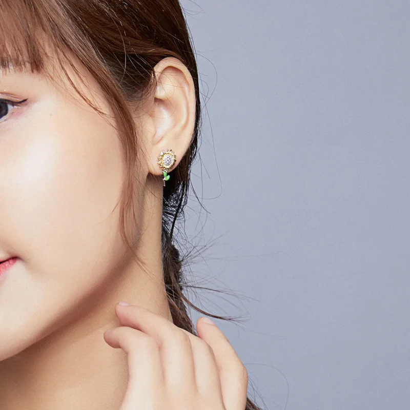 (image for) Pandora Style Two Tone Hoop Earrings, Bicolor Sunflower, Green Enamel - SCE919 - View 6