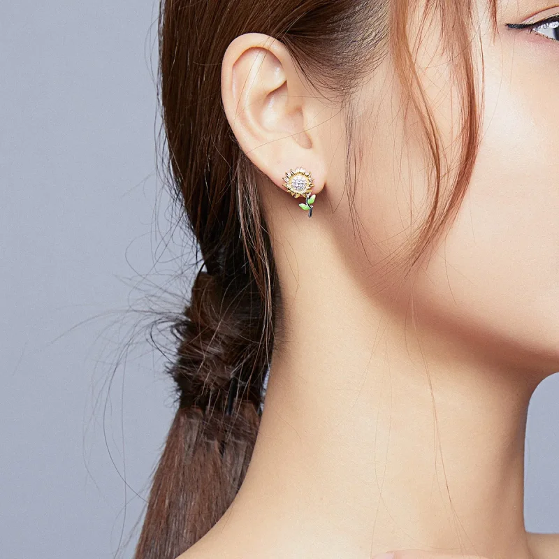 (image for) Pandora Style Two Tone Hoop Earrings, Bicolor Sunflower, Green Enamel - SCE919 - View 7