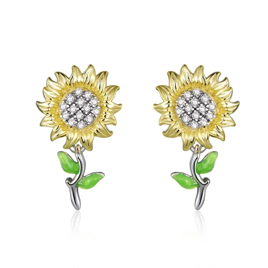(image for) Pandora Style Two Tone Hoop Earrings, Bicolor Sunflower, Green Enamel - SCE919