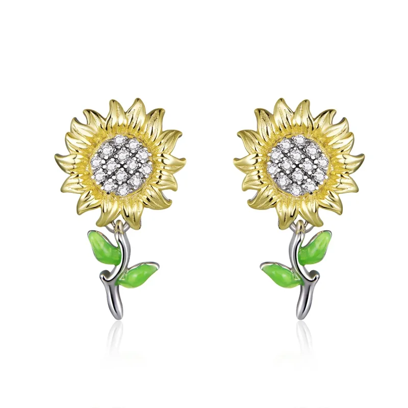 (image for) Pandora Style Two Tone Hoop Earrings, Bicolor Sunflower, Green Enamel - SCE919 - Product Image