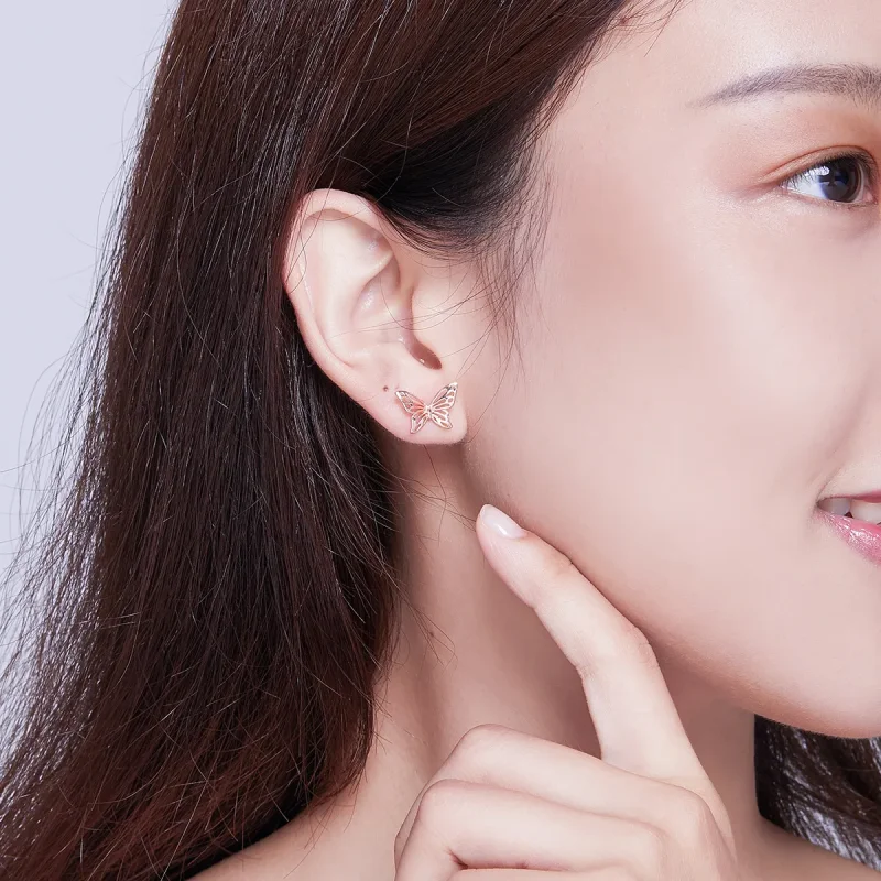 (image for) Rose Gold Butterfly Stud Earrings - PANDORA Style - SCE452-C - View 5