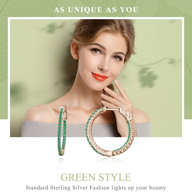 (image for) Rose Gold Green CZ Hoop Earrings - PANDORA Style - SCE511 - View 2