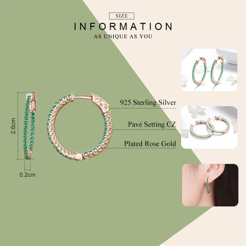 (image for) Rose Gold Green CZ Hoop Earrings - PANDORA Style - SCE511 - View 3