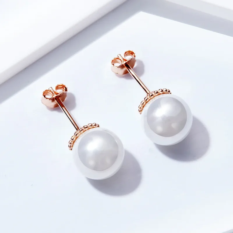 (image for) Rose Gold Pearl Stud Earrings - PANDORA Style - SCE609 - View 2