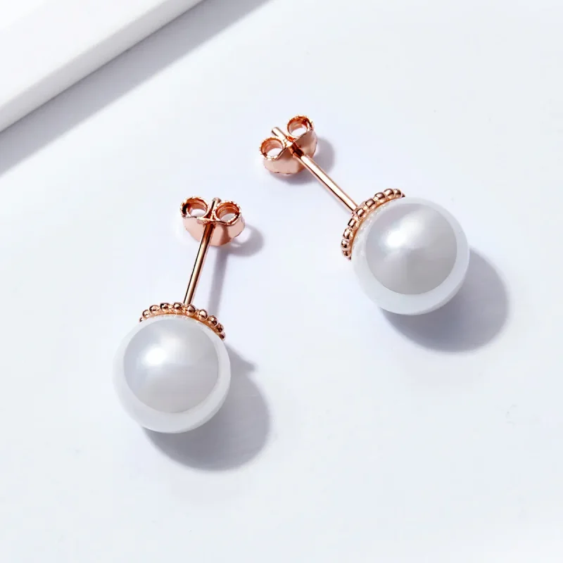 (image for) Rose Gold Pearl Stud Earrings - PANDORA Style - SCE609 - View 4
