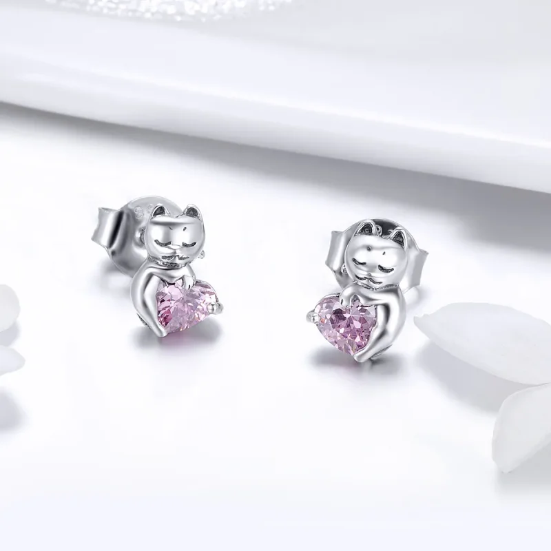 (image for) Silver Adorable Cat Stud Earrings - PANDORA Style - SCE453 - View 2