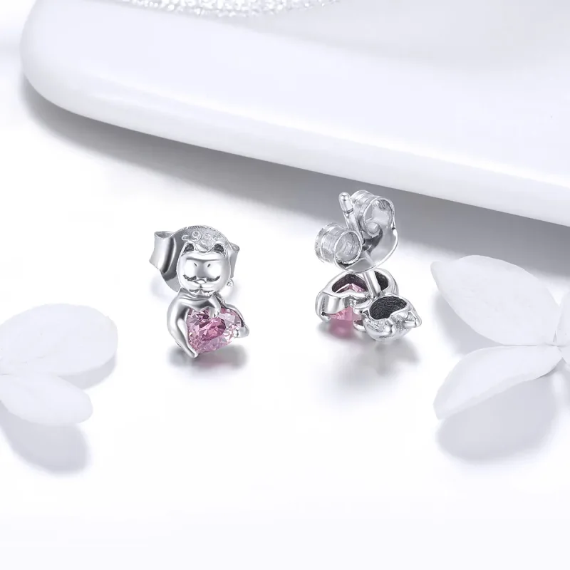 (image for) Silver Adorable Cat Stud Earrings - PANDORA Style - SCE453 - View 3
