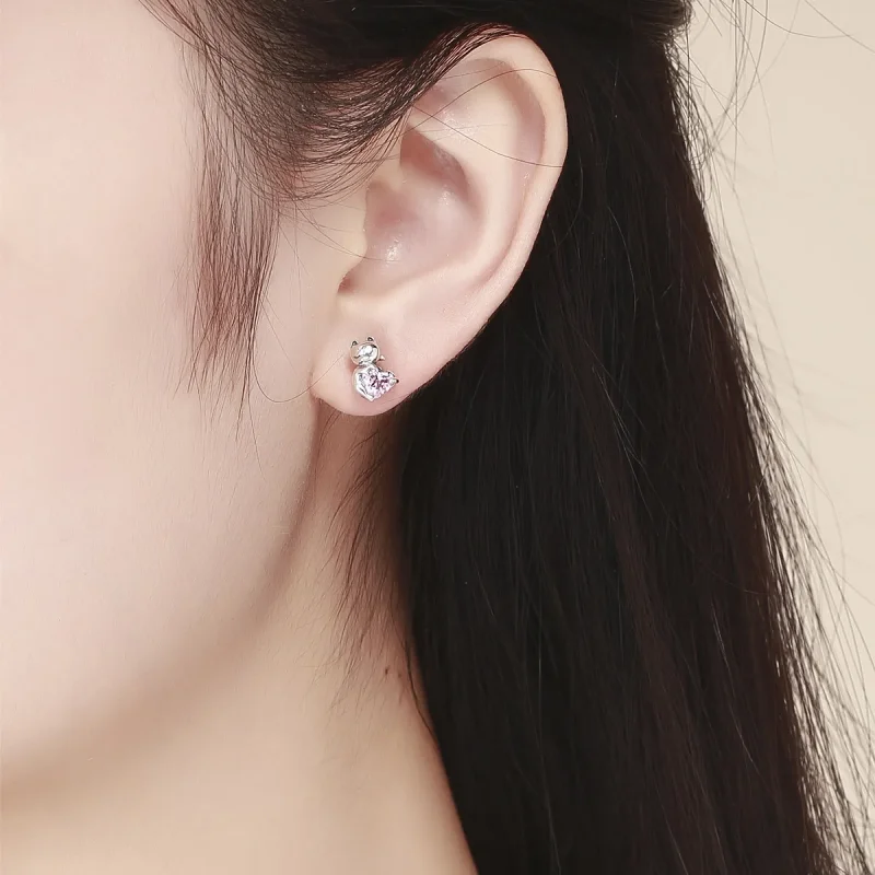 (image for) Silver Adorable Cat Stud Earrings - PANDORA Style - SCE453 - View 4