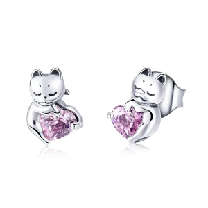 (image for) Silver Adorable Cat Stud Earrings - PANDORA Style - SCE453