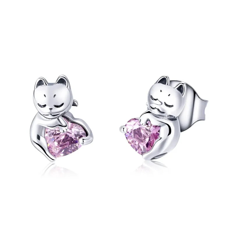 (image for) Silver Adorable Cat Stud Earrings - PANDORA Style - SCE453 - Product Image
