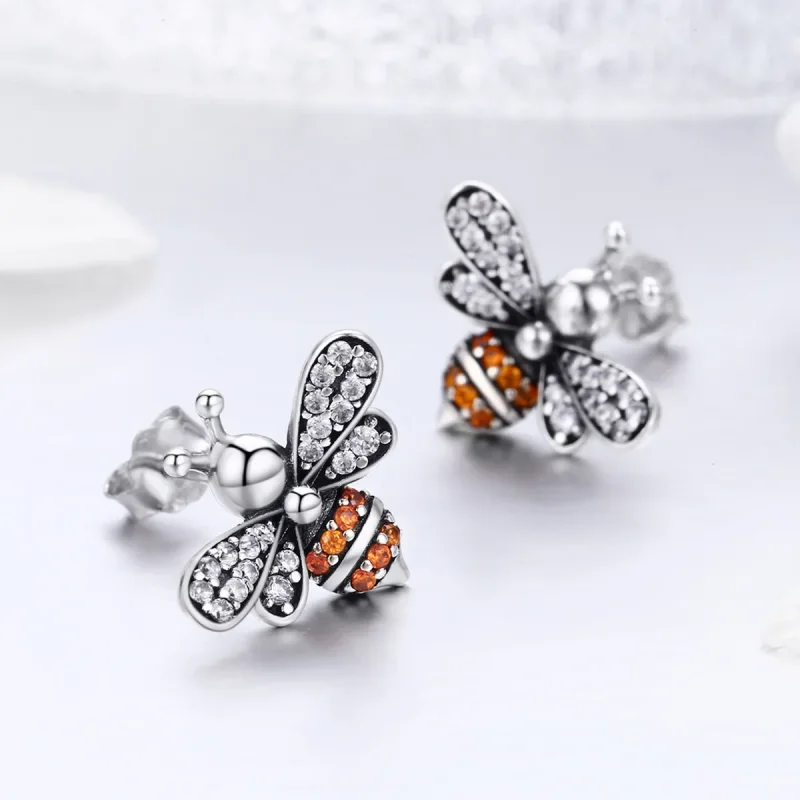 (image for) Silver Bee Story Stud Earrings - PANDORA Style - SCE344 - View 4