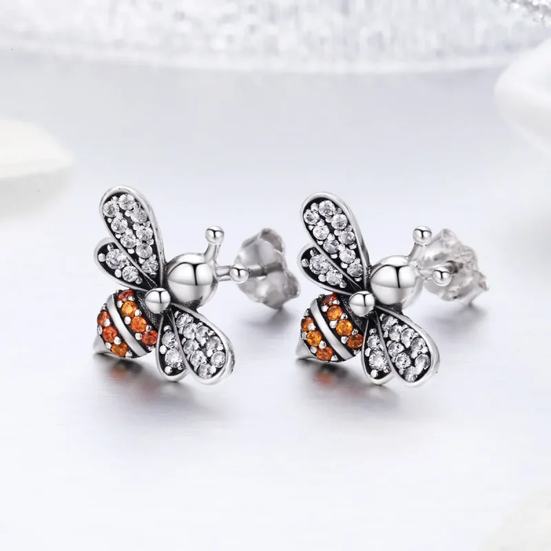(image for) Silver Bee Story Stud Earrings - PANDORA Style - SCE344 - View 7