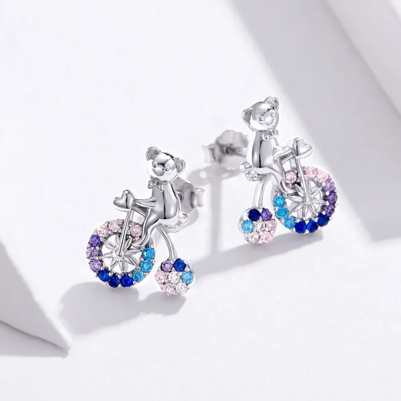 (image for) Silver Bike Bear Stud Earrings - PANDORA Style - SCE677 - View 2