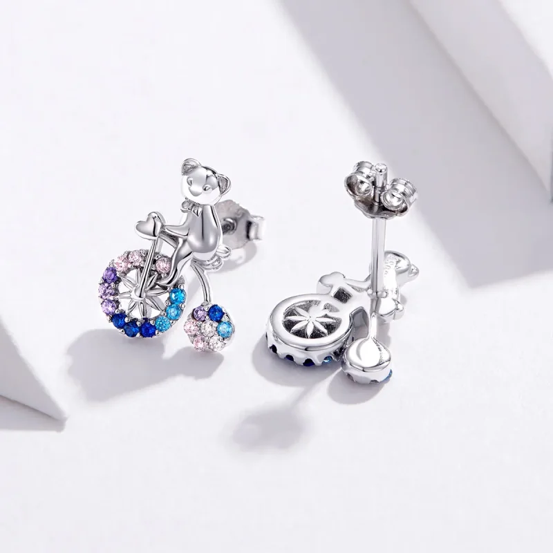 (image for) Silver Bike Bear Stud Earrings - PANDORA Style - SCE677 - View 3
