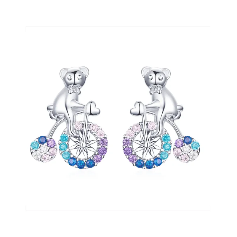 (image for) Silver Bike Bear Stud Earrings - PANDORA Style - SCE677 - Product Image