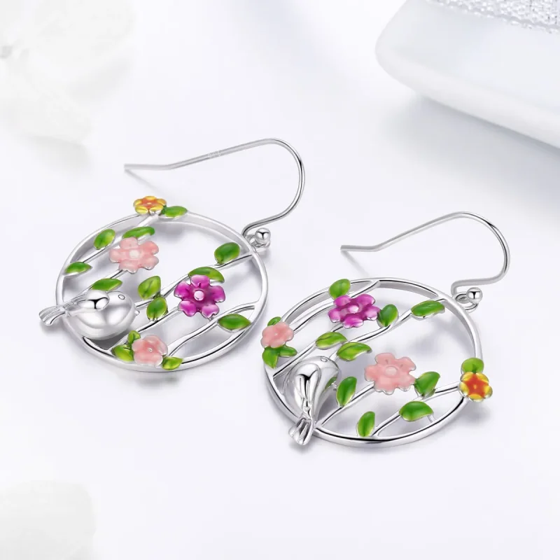 (image for) Silver Birds Blooms Hanging Earrings - PANDORA Style - SCE480 - View 2