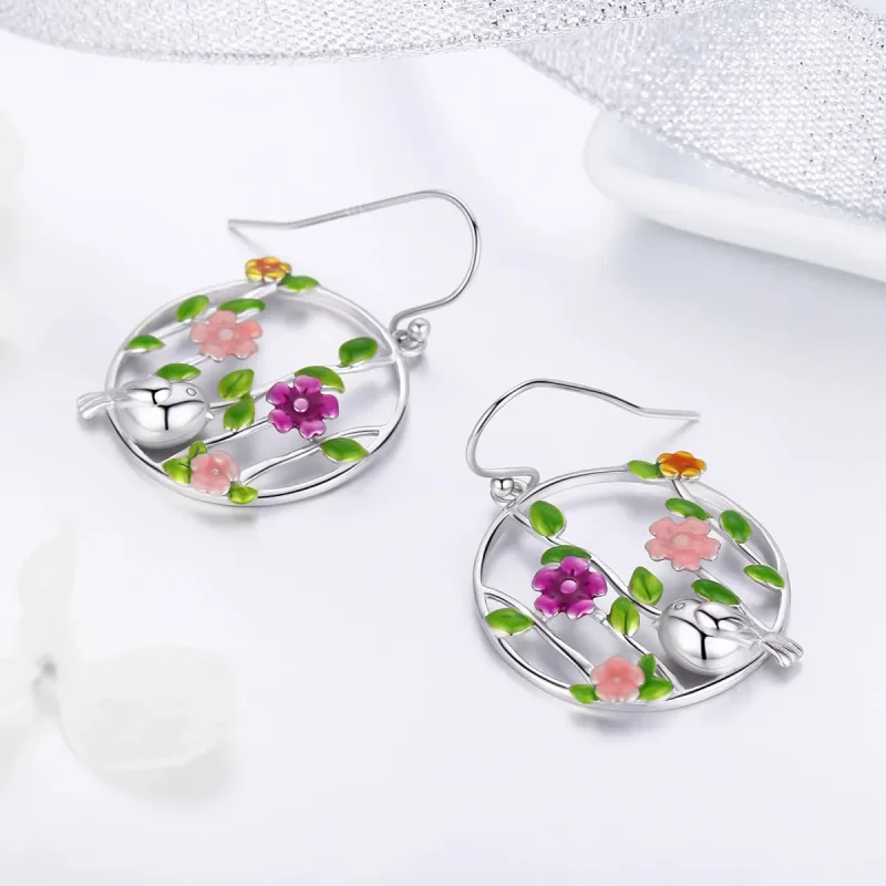 (image for) Silver Birds Blooms Hanging Earrings - PANDORA Style - SCE480 - View 3