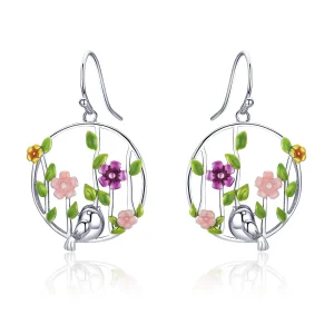 (image for) Silver Birds Blooms Hanging Earrings - PANDORA Style - SCE480