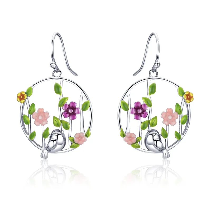 (image for) Silver Birds Blooms Hanging Earrings - PANDORA Style - SCE480 - Product Image
