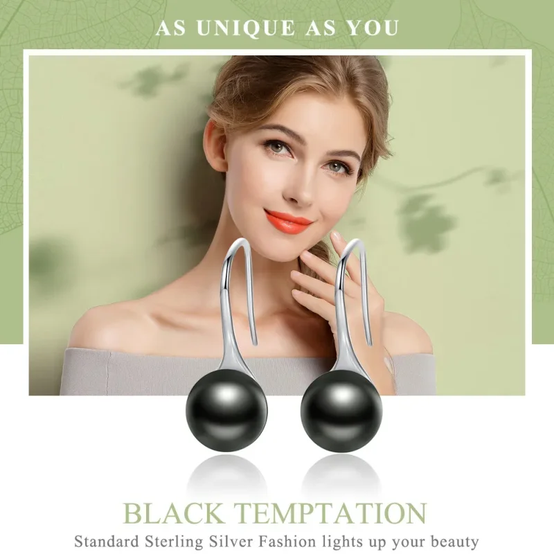 (image for) Silver Black Pearl Hanging Earrings - PANDORA Style - SCE144 - View 2